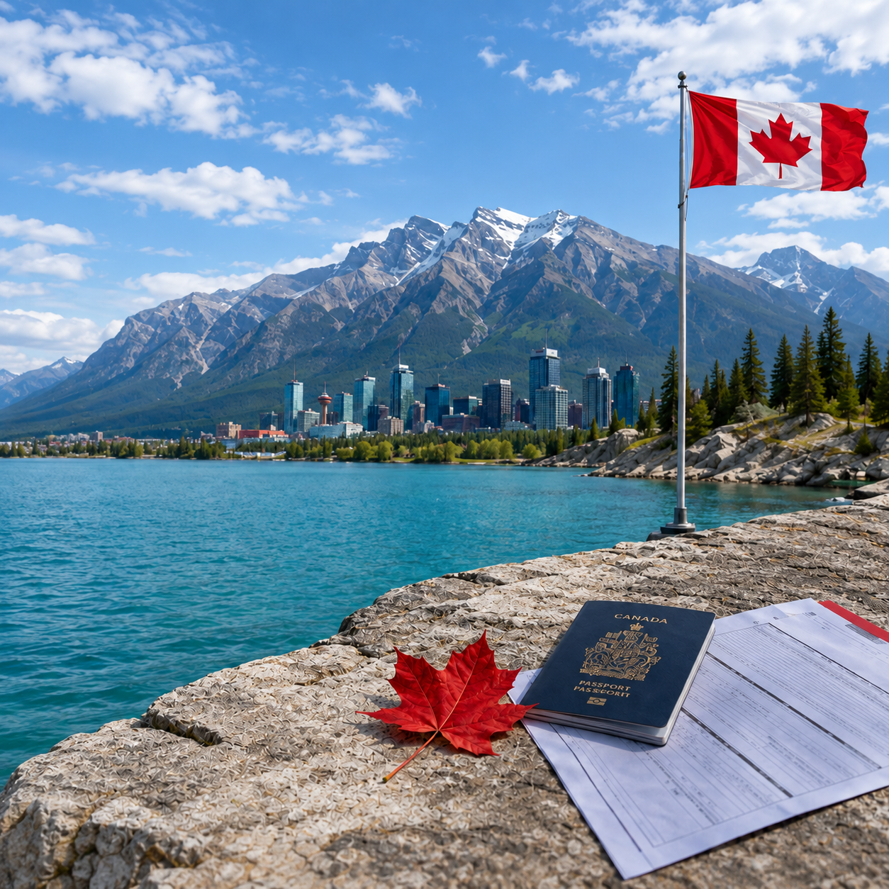 Canadian Rockies, Calgary skyline, Canadian flag, passport and application forms — Silver Swan Immigration